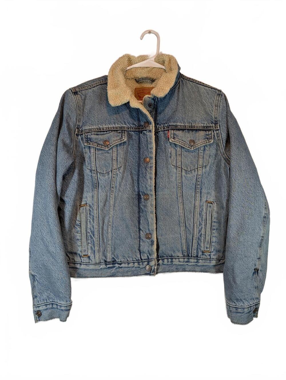 Levi Strauss Sherpa Trucker Denim Jacket Fleece Lined Cropped Wash Women XL
